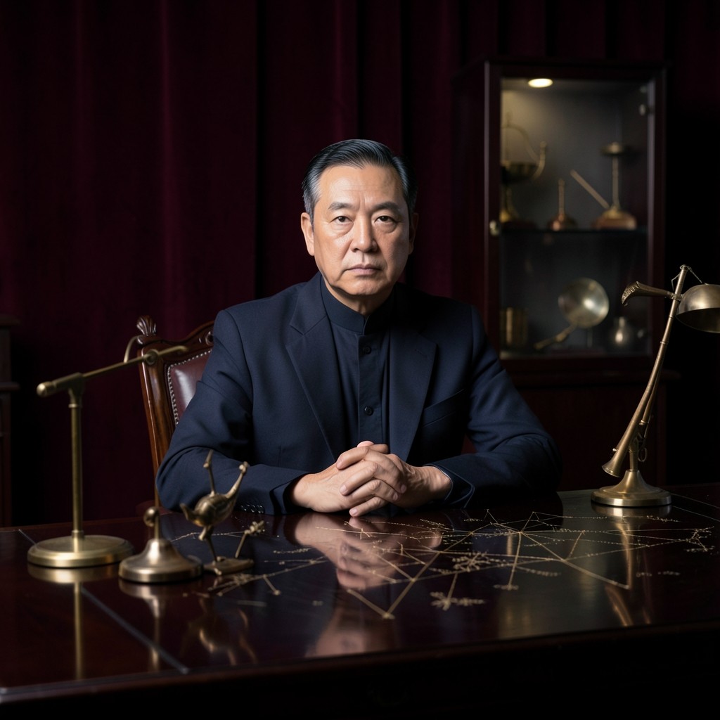 Portrait of an instructor at a lacquered desk with constellation-engraved copper instruments