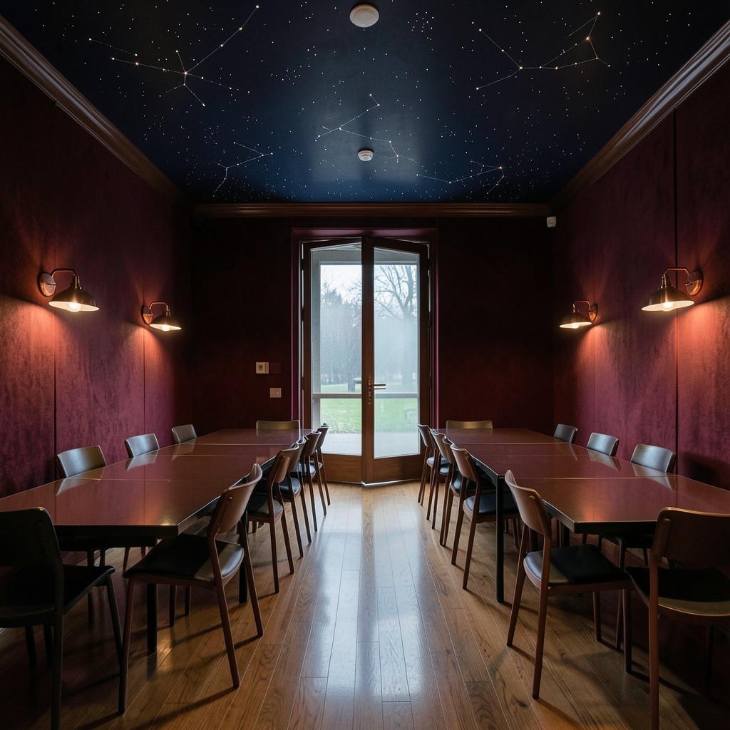 Velvet-walled teaching room prepared for an evening annotation clinic
