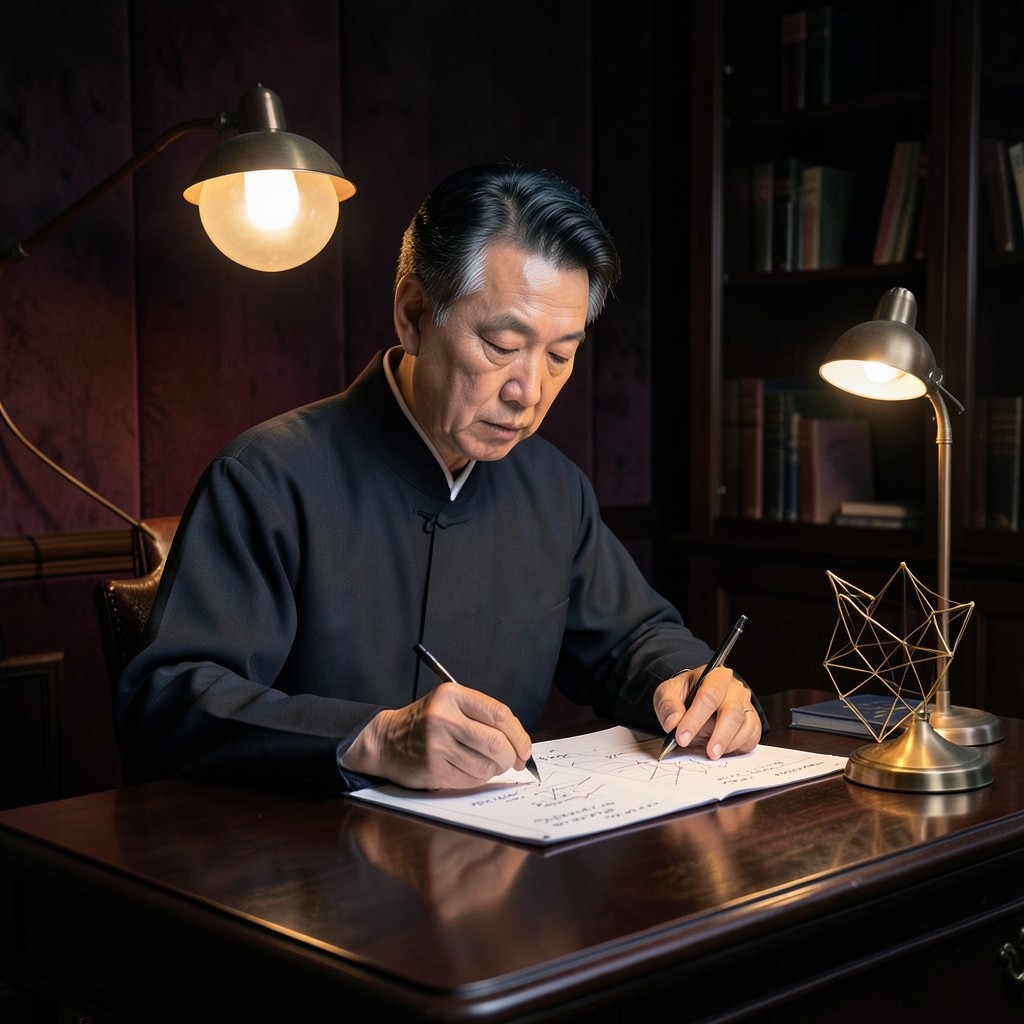 Instructor reviewing margin notes beside a copper desk lamp
