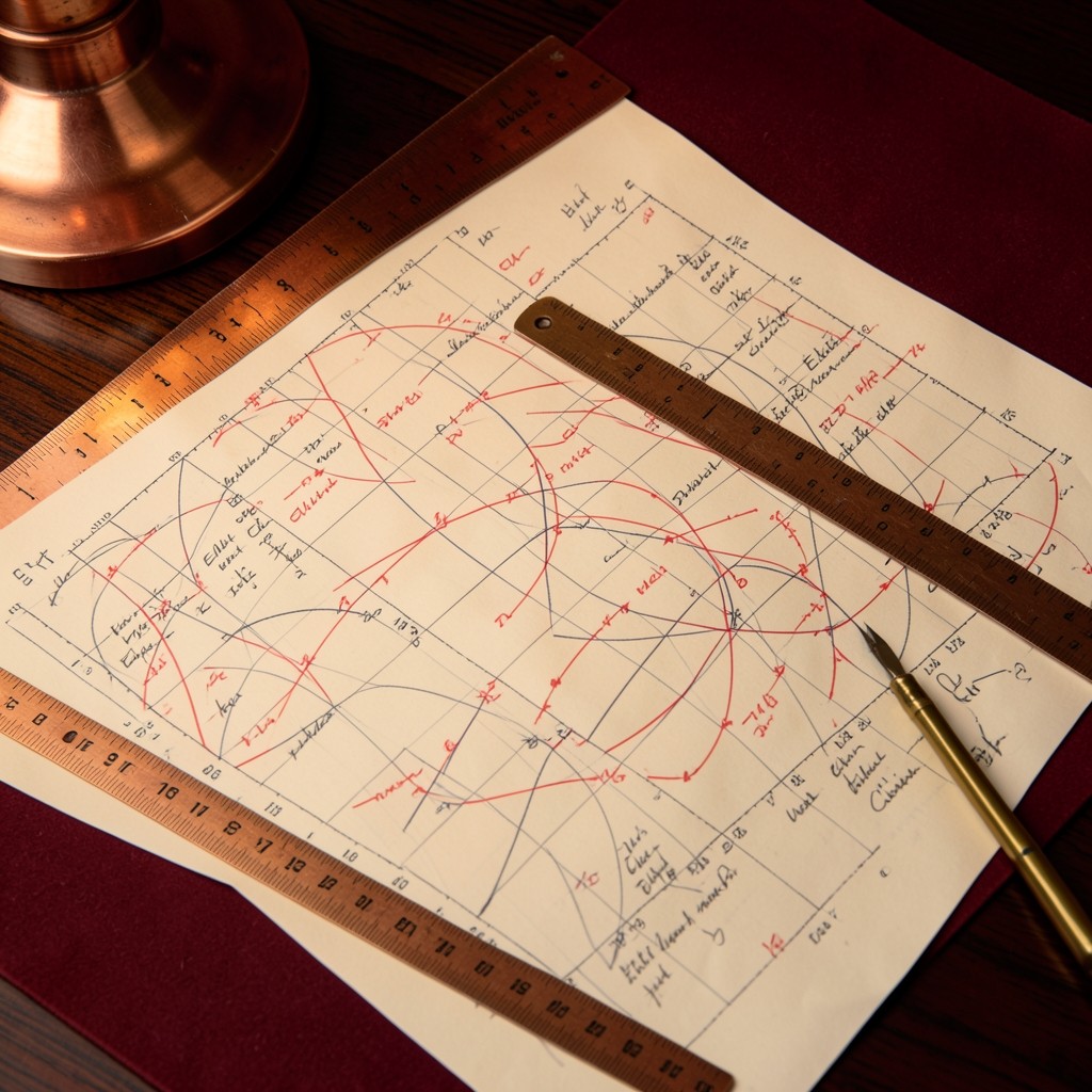 Close view of handwritten Elliott wave labels on printed index charts