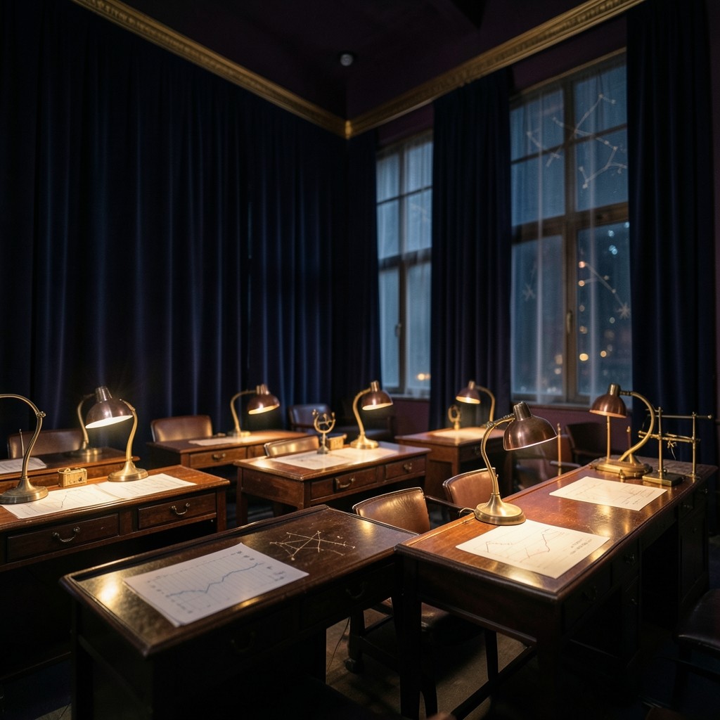 Dim velvet teaching room with copper desk lamps over annotated price charts